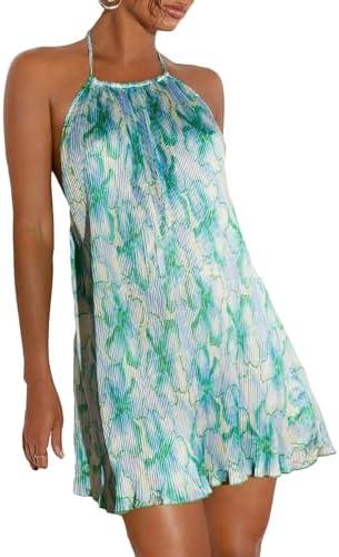 SweatyRocks Women's Allover Print Backless Halter Dress Sleeveless Straight Hem Mini Dresses, XS