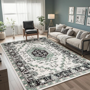 Skyweaver 4x6 Area Rug for Living Room Soft Abstract Pattern Anti-Slip Low Pile Soft Rugs Machine Washable Carpet for Living Room Bedroom Dining Room Green