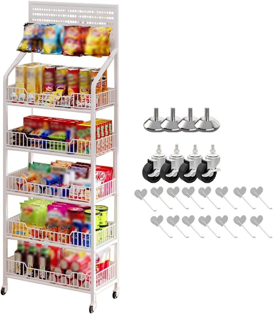 Supermarket Shelf Display Rack 4 5 Tier White Snack Rack Organizer, Large Potato Chip Rack Floor Display Stand with 4 Feet Mats/ 4 Wheels/15 Hooks, Supermarket Kitchen Dorm Standing Shelf, Size : 60x
