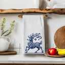 Chinoiserie Christmas Reindeer Kitchen Hand Towels, Chinoiserie Christmas Decor, Grandmillennial Blue and White Xmas Red Nose Reindeer Decorative Hand Towels for Bathroom, 16x24 Inch