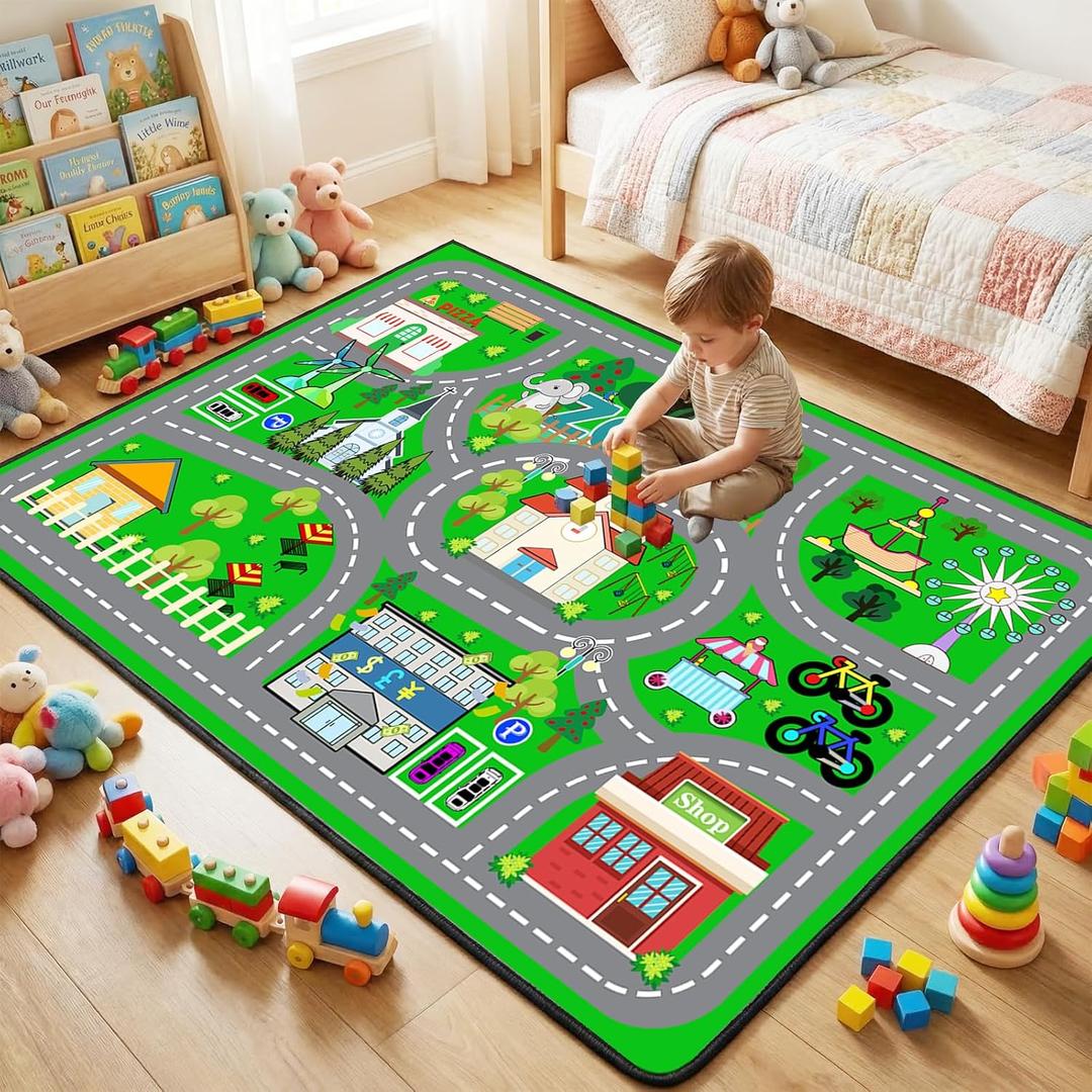 Car Rug Play Mat - Green Road Rug for Kids Boys Room, Fun Race Track Traffic Road Carpet for Boys Playmat Educational Learn, Car Carpet for Kids Room Decor Playmat Bedroom Playroom, 2.5x4 Feet (Multi-1914)