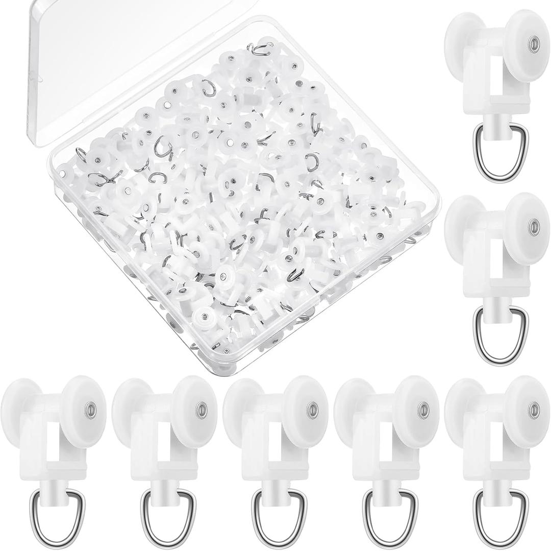 Barydat 100 Pcs Curtain Track Glider Rollers Hooks Ceiling Curtain Track Plastic Rail Gliders Dual Wheel Roller Carriers for Ceiling Drapes Room Dividers