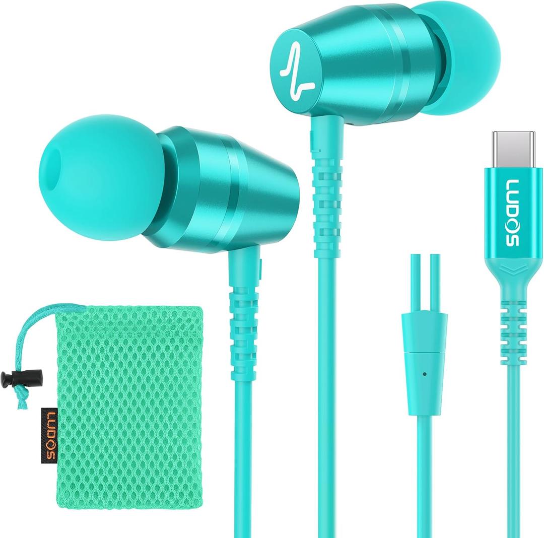 LUDOS OMNITONE USB C Headphones for iPhone 16 15 Pro Max Plus iPad Pro, USB-C Earbuds for Samsung Galaxy S24 S23 S22 S21 S20 A55 A54 A53, USB Type C Earphones - Turquoise