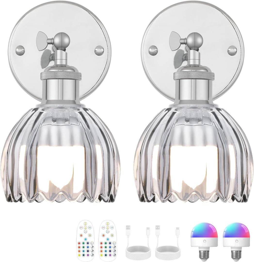 Vintage Battery Operated Wall Sconce, Smoky Gray Tulip Glass Lampshade Wireless Rechargeable Battery Powered LED Wall Light with Remote Dimmable for Bedside Bedroom Living Room, Silver, Set of 2