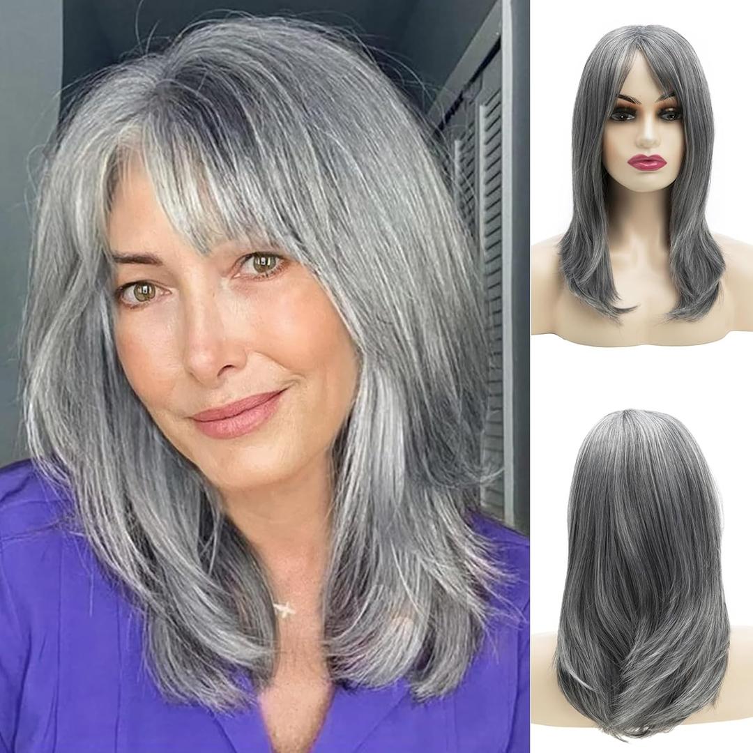Long Grey Wigs for Women Natural Layered Grey Wig with Bangs,Synthetic Hair Wig for Daily Party Use