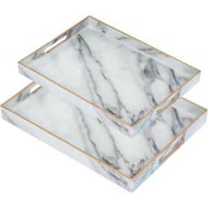 Serving Tray, Set of 2 Plastic Marble Coffee Table Tray 18.9"x13.7"x1.6"/15.7"x11.8"x1.6" Food Trays for Eating on Lap Coffee Tray with Handles Rectangular Decorative Trays,Tea Trays for Serving