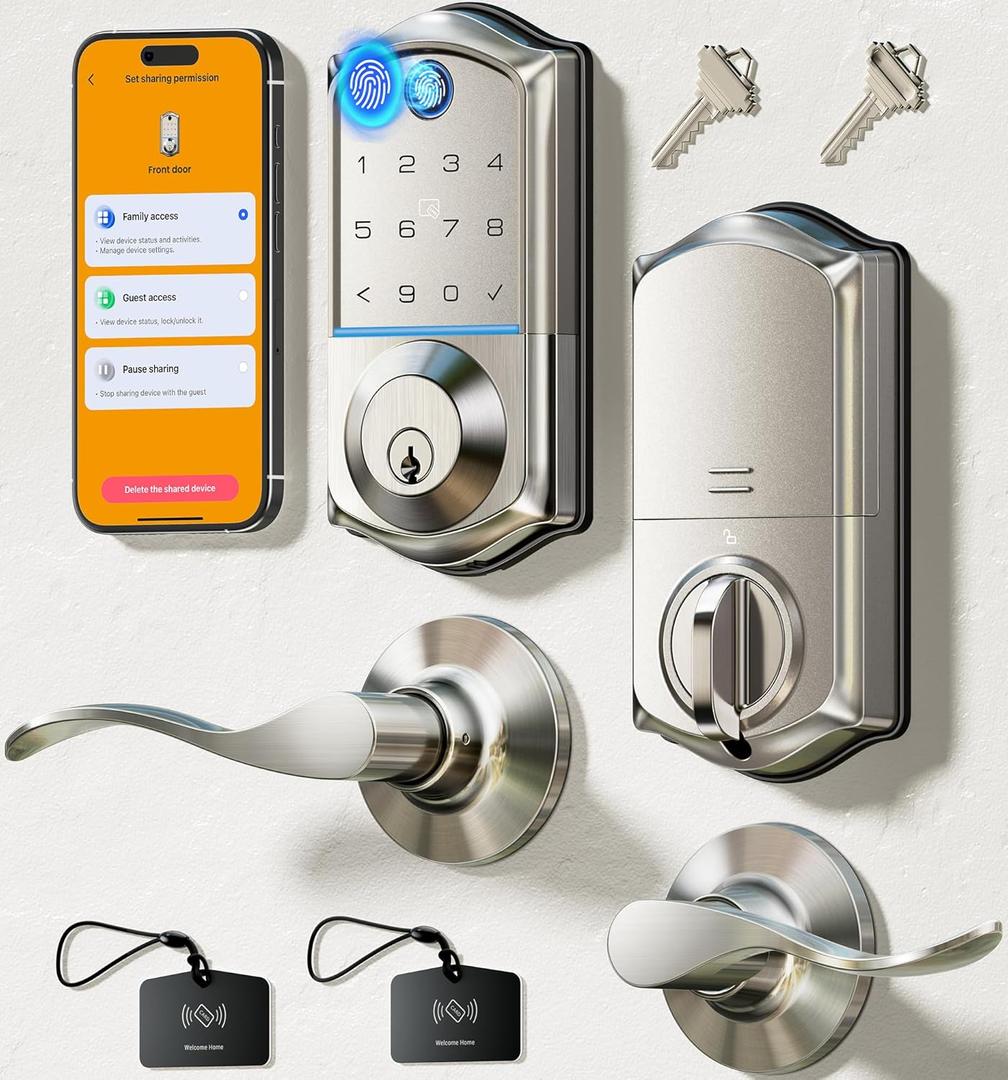 Veise VE017-L Fingerprint Smart Lock with Lever Handles, App Control, Keyless Entry Front Door Lock Set, Electronic Digital Keypad Deadbolt, Remote Grant, Emergency Power Port, Auto Lock, Satin Nickel