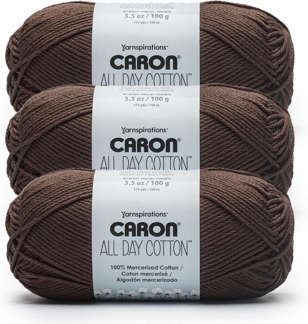 Caron All Day Cotton - 3 Pack of 173 Yards/3.52 oz Coffee Bean 100% Mercerized Cotton Yarn
