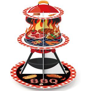3 Tier BBQ Party Cake Stand Decoration Barbecue Theme Summer Cupcake Tower Baby Q Table Decoration Red and Black Gingham Cake Holder for Summer Picnic Camping BBQ Baby Shower Party Supplies