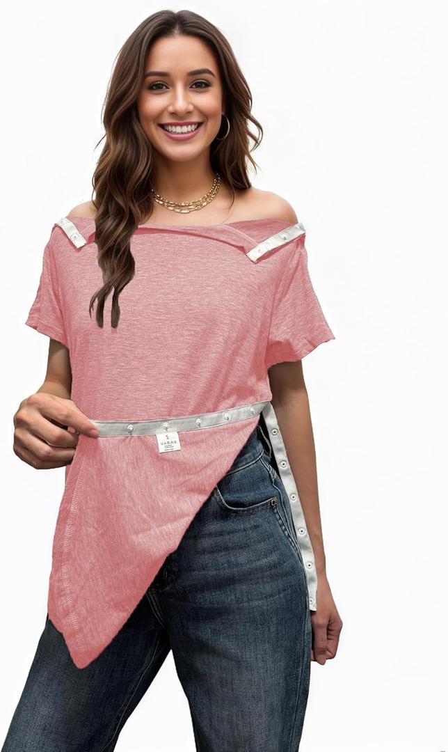Youdiao Post Shoulder Surgery Shirt for Women Tear Away Snap Short Sleeve Rotator Cuff Recovery Must Haves Chemo Clothing (X-Large, Pink)