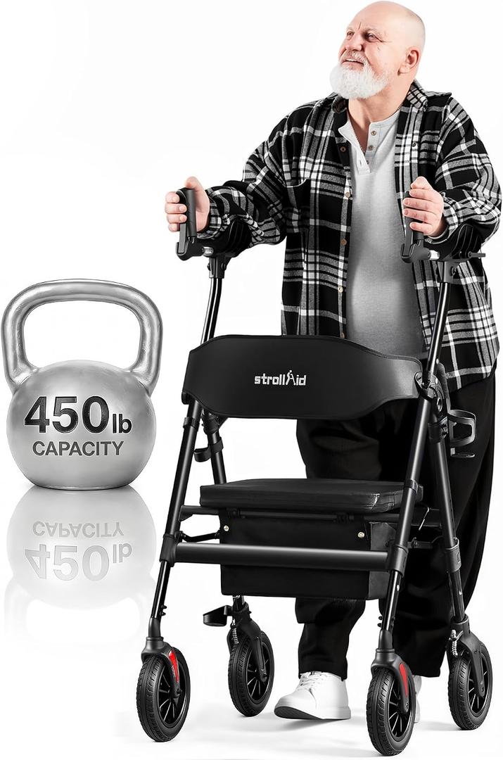 Upright Walkers for Seniors, 450 lb Heavy Duty Stand Up Rollator Walker with Adjustable Soft Sponge Armsupport & Seat, Tall Standing Folding Rolling Walker with 8'' Wheel, Black