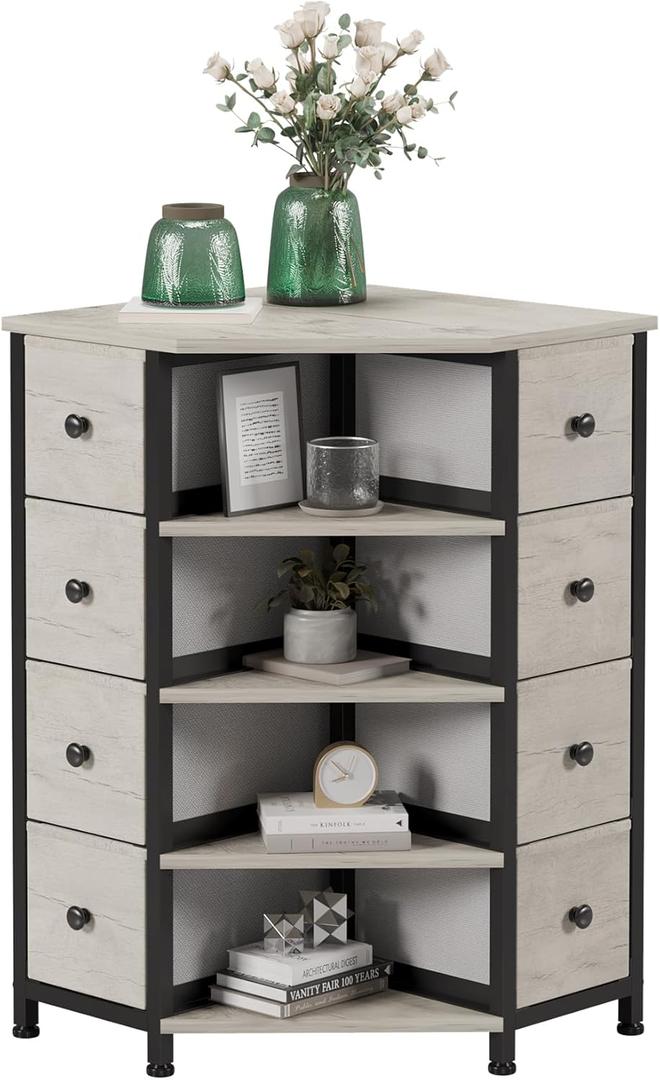 LUMTOK 8 Drawers Corner Dresser with Storage Fabric Drawers and Open Shelves for Small Space, Bedroom, Entryway, Living Room (Greige)