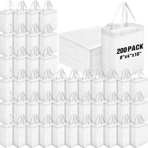 Windyun 200 Pcs Reusable Tote Bag Bulk 8 x 4 x 10 Inch Non Woven Shopping Bag with Handle Christmas Reusable Grocery Gift Tote (White)