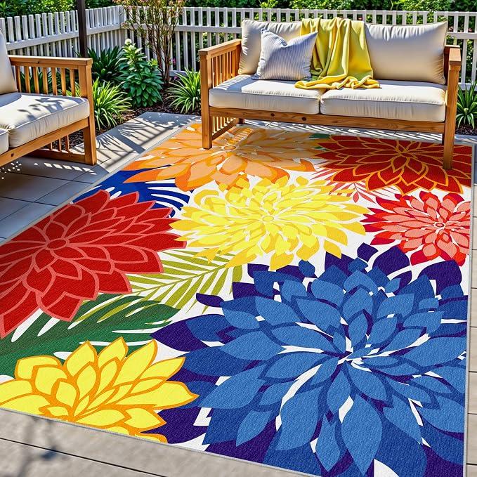 ZonLi Outdoor Rug Waterproof, Washable Patio Rug for Deck, 9x12, Colorful