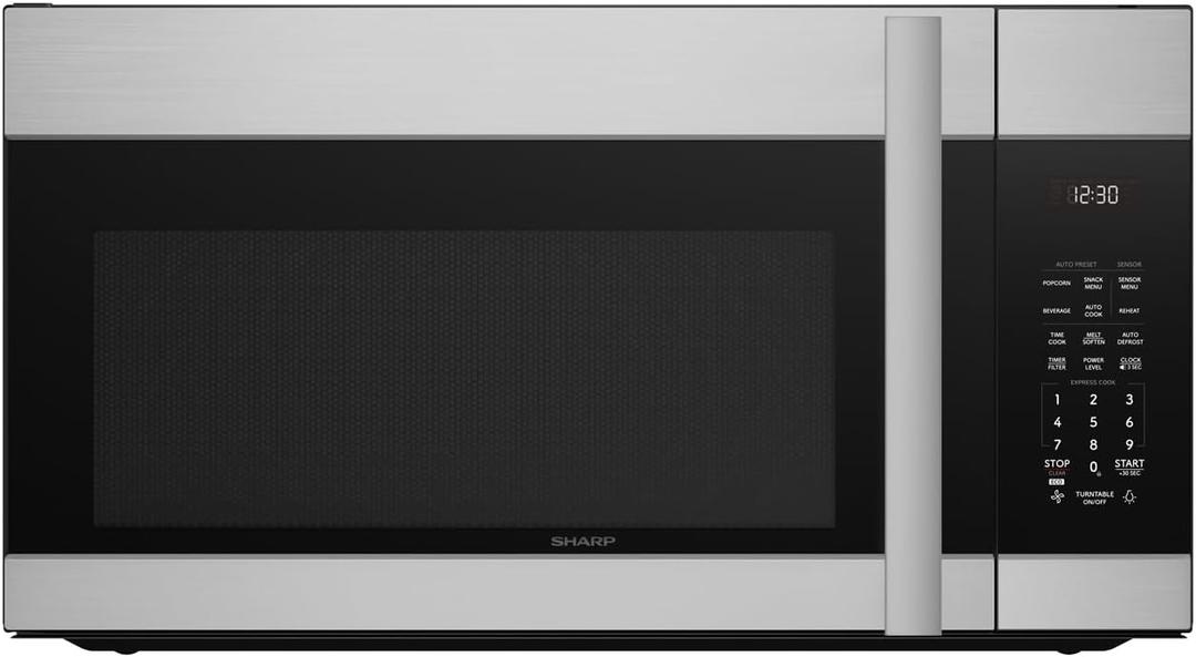 SHARP SMO1754JS Over the Range Microwave Oven with 13.6" Carousel Turntable, 30-inch, 1.7 Cubic Feet, 1,000 Watt, 300CFM Fan, Sensor Cooking, Edge to Edge Black Glass with Stainless