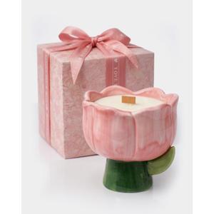 Candles for Home Scented, Jasmine Serenity Flower Gifts, Decorative Soy Aromatherapy with Wooden Wick & Essential Oils, Non Toxic Pink Gift Box for Women