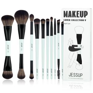 Jessup Makeup Brushes Set 10pcs, Double Sided Foundation Contour Blush Highlight Blending Eyebrow Brush Eyeshadow Eyeliner Concealer Brush, Bright Cyan Cruelty Free Cosmetic Tools T500