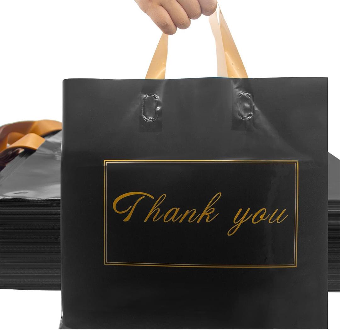 WAKAKO 60 Pack Thank You Bags Shopping Bags, 16x18 Inch Thank You Gift Bags with Handle for Small Business,Bulk Reusable Plastic Shopping Bags for Boutique, Black
