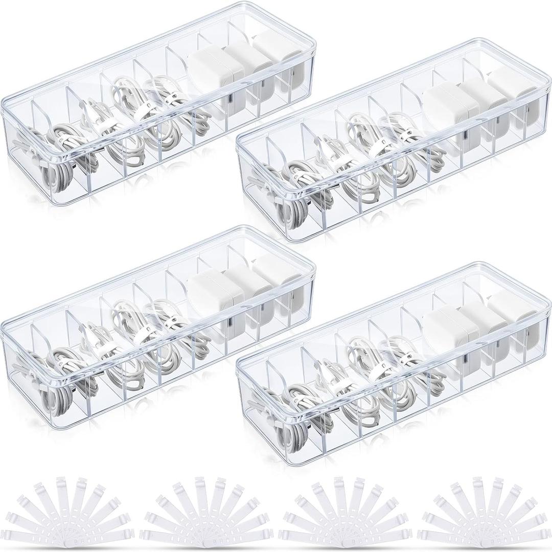 Tatuo 4 Pcs Cable Organizer Box with Wire Ties, Plastic Cord Storage Box with Lid, Electronics Organizer for Home Office Desk Organizers and Accessories (Clear)