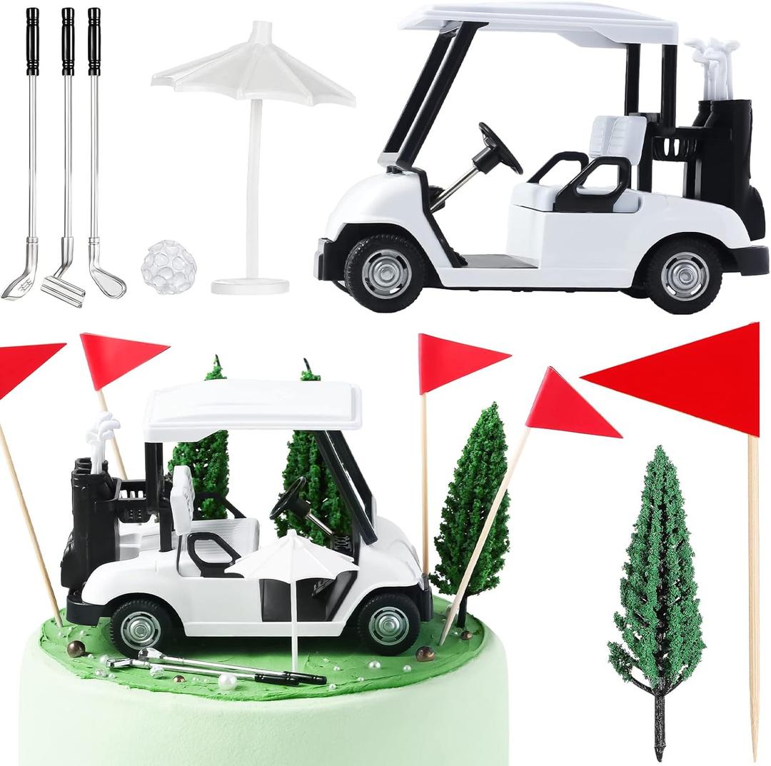 Leitee 21 Pcs Golf Cake Topper Cake Decoration Cupcake Topper Include Mini Cart Red Flag Ball Green Tree Club Sun Umbrella for Golf Themed Birthday(White,Classic)