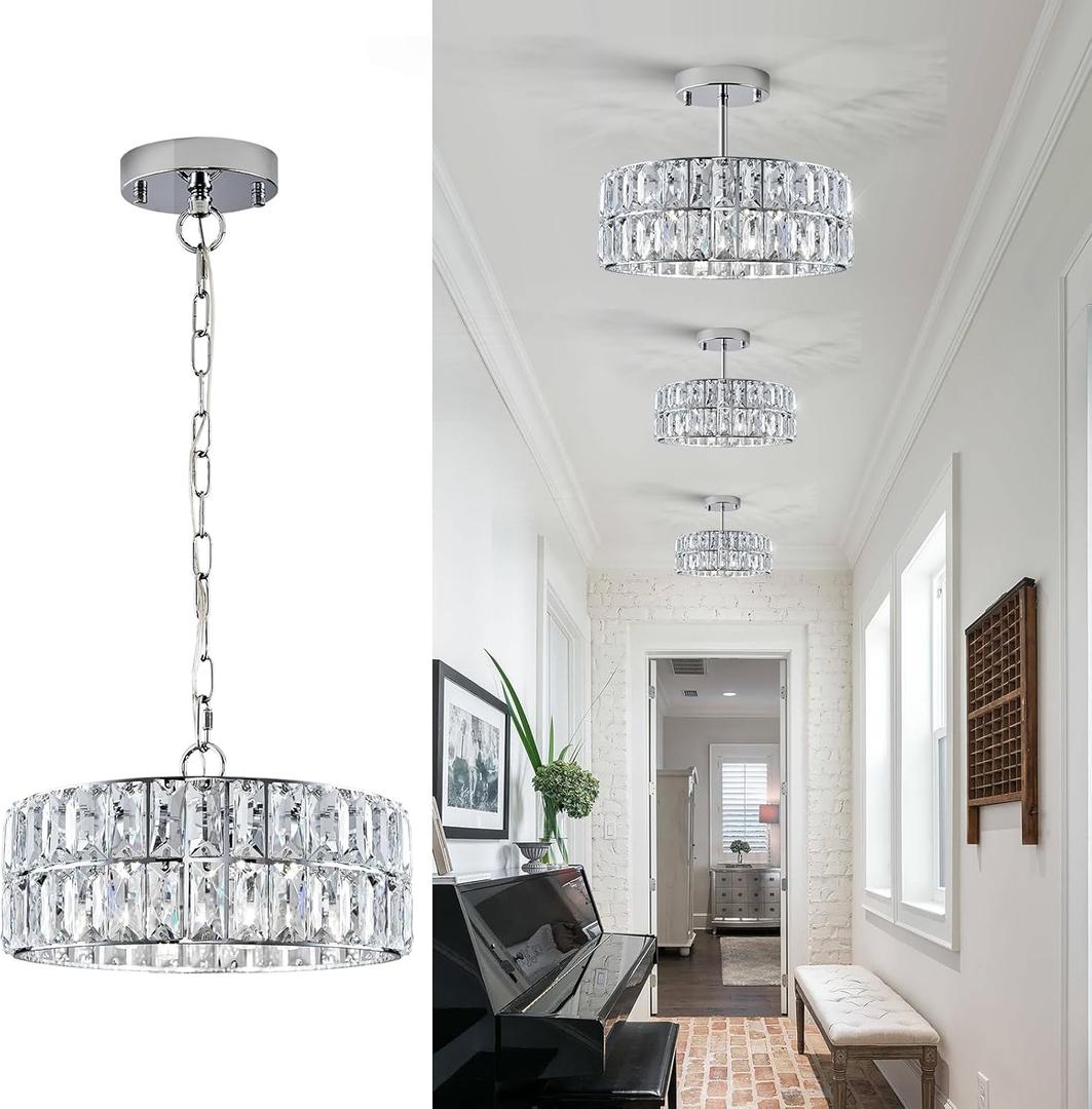Chrome Crystal Chandeliers, Modern Semi Flush Mount Ceiling Light, Extra Small-12” 4-Light Round Crystal Hanging Pendant Light Fixtures,D12” for Dining Room Entryway Kitchen Hallway