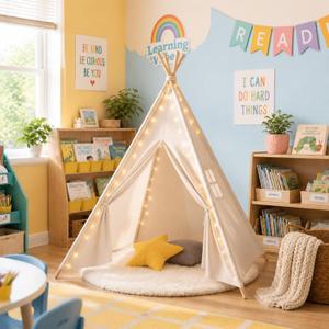 5 Pcs Reading Nook Set, Teepee Tent with Padded Mat, Lights, Star & Square Pillows, Reading Corner Decor Canvas Play Tent Private Indoor Play House for Bedroom Nursery Classroom Decor