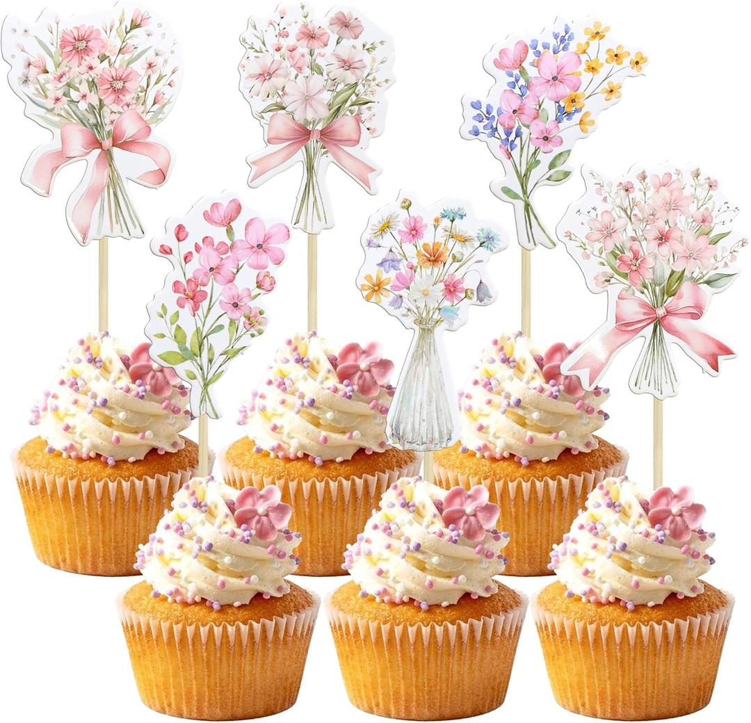 Ephlyn 36Pcs Floral Cupcake Toppers Baby in Bloom Baby Shower Cake Decorations Wildflower Baby Shower Decorations Flower Birthday Cupcake Toppers for Wildflower Birthday Party Decorations