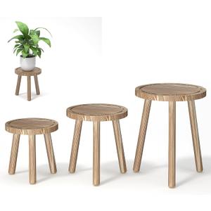 3-Pack Wood Plant Stands Indoor, Single Plant Stand for 6-12 Inch Pots, Mid-Century Modern Plant Stool, Tall Plant Stand for Large Plants for Living Room, Balcony, Office (Light Brown