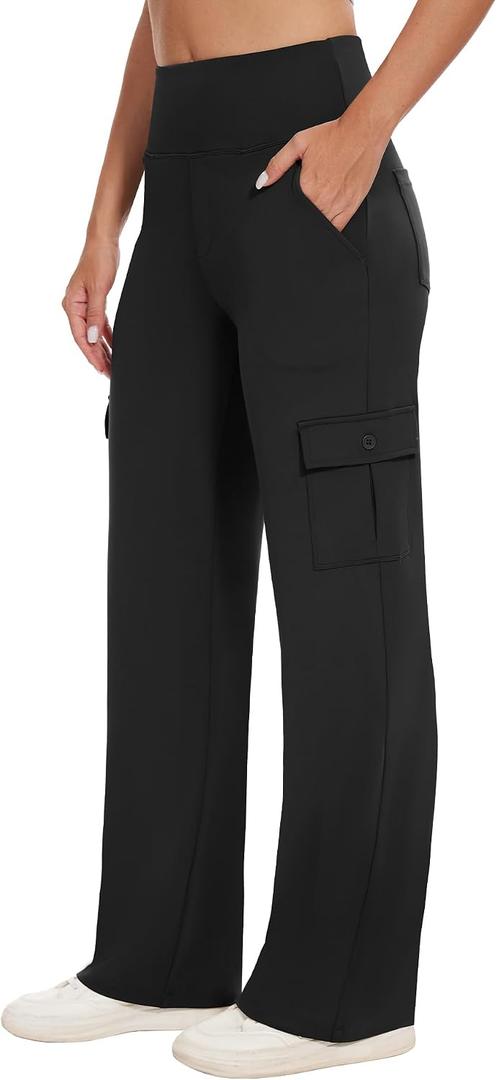 Yoga Cargo Pants Women Wide Leg Pants with Pockets High Waist Stretch Dress Casual Business Work Travel Pants (Black), Small
