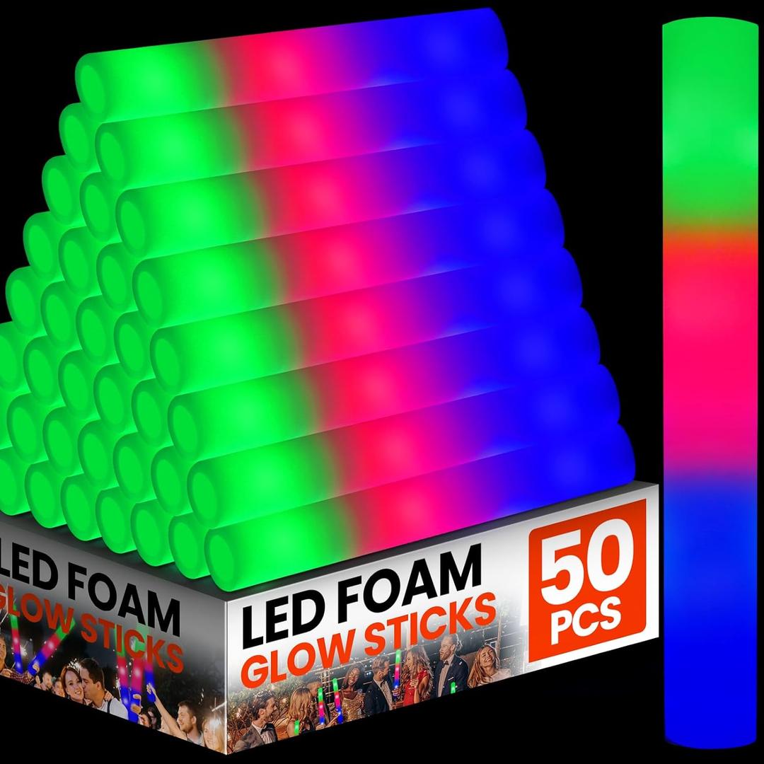 YixangDD 50 PCS LED Foam Glow Sticks, Foam Light up Sticks Bulk with 3 Modes Colorful Flashing, Glow in the Dark Party Supplies for Parties, Wedding, Birthday, Concert, Festivals, Raves