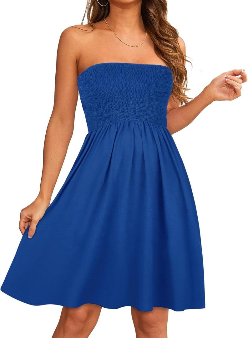 elescat Summer Dresses for Women Strapless Casual Beach Cover Ups Tube Top Sundress (Small, B Royal Blue)