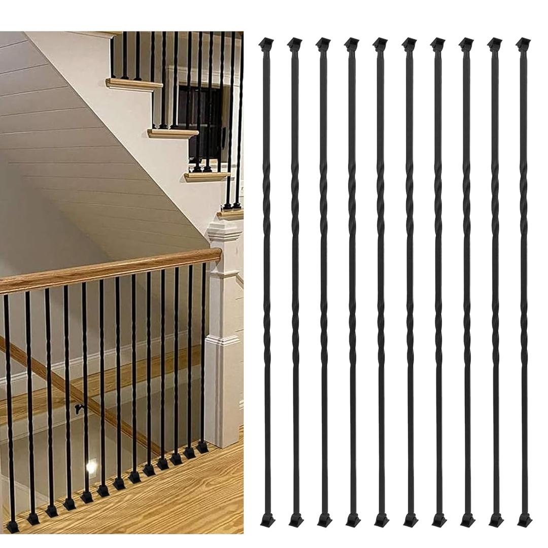 Sidasu 10-Pack 44" x 1/2" Wrought Iron Balusters for Stairs, Double Twist Hollow Metal Stair Spindles with Swivel Shoes, Black Decorative Staircase Baluster Set