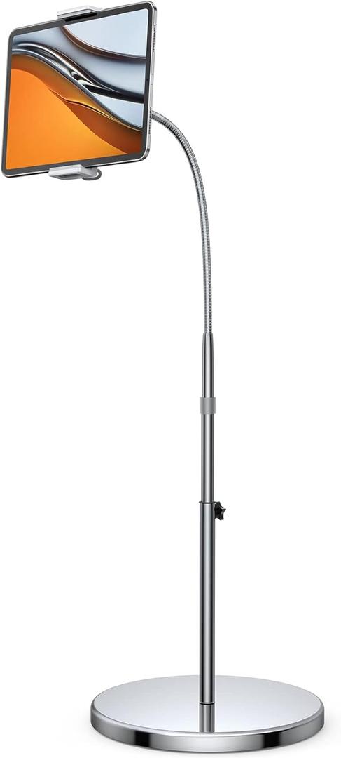 Lamicall Tablet Floor Stand Gooseneck - Swivel Tablet Holder Mount with Adjustable Height & 10.6lb Stable Base, for 4.7-13" iPad mini Air Pro 12.9/9.7, Tab, Kindle, iPhone Air 17 Pro Max, Phones (Silver)