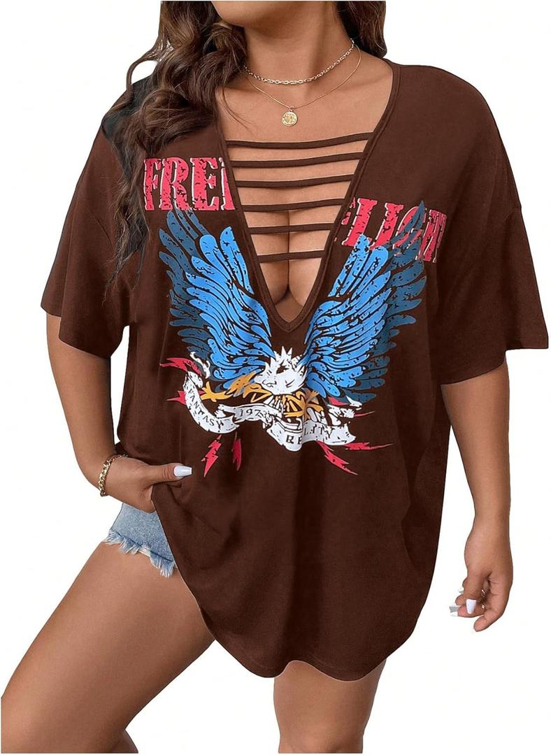 SOLY HUX Women's Plus Size Letter Graphic Tees Cut Out Deep V Neck Half Sleeve T Shirts Tops (Brown, XL)