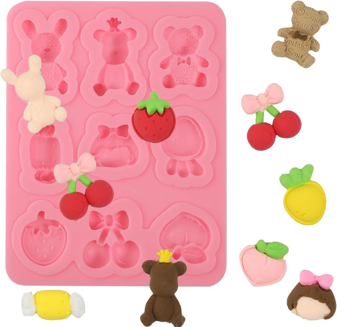 1 Pcs Strawberry Bunny Carrot Cake Decoration Fondant Mold, Mini Bear Peach Chocolate Candy Silicone Molds, for Baby Shower Birthday Cupcake Topper Gum Dough Clay Bath Bomb UV Resin