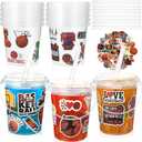 Funnymoom 12 Sets 34 oz Basketball Plastic Drink Buckets with Lid and Straws with Basketball Stickers Clear Drink Cup Disposable Cocktail Rum Buckets Reusable for Sport Party Favors Prize
