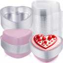 Fainne 100 Sets Mother's Day 5" Aluminum Foil Heart Shaped Cake Pans with Clear Lids 225 ml/ 7.92 oz Heart Cake Pan Mini Mother's Day Containers Disposable Dessert Baking Containers (Nude Pink)