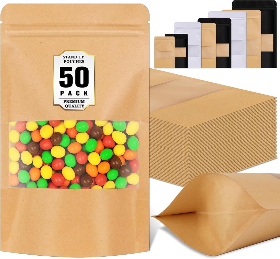 Jetmore 50 Pack Stand Up Pouches, Reusable Bags with Frosted Clear Window, Resealable Bags for Small Business, Brown Paper Bag for Coffee, Tea, Herbs, Spice, Snack, Baked Goods, Sample, Jerky Storage
