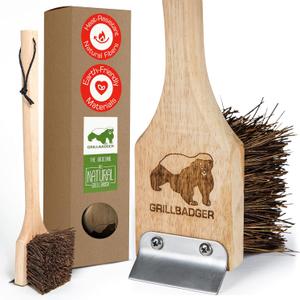 Natural Grill Brush Non Metal Bristles - Durable Non Metal Grill Brush Outdoor Grills Wooden Handle BBQ Cleaning Non-Wire High Temp Cleaner for Cast Iron Grates Safer Scrubber Tools by GRILLBADGER