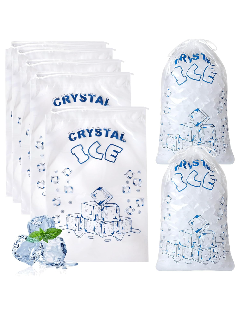 Ice Bags 10 lb with Drawstring, 50 Count Ice Bags for Ice Machine, Heavy-Duty Reusable Ice Cube Bag, Portable Storage and Freezer Keeper