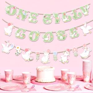 Fullhawl One Silly Goose Banner 1st First Birthday Decorations Silly Goose Birthday Garland Glitter Flower Paper Decor for Summer Farm Animal Baby Shower Party Supplies Photo Booth Props Sign