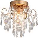 Q&S Mini Chandelier Crystal Ceiling Light,Small Flush Mount Gold Light Fixture for Entryway Bedroom Barthroom Hallway Closet E26
