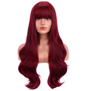 BERON Red Wig Long Wavy Wig with Bangs for Women Long Wigs Wine Red Wigs for Daily Party Hairnet Included