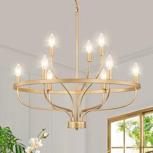 BrkNit 9-Light Gold Chandelier, Candle Chandeliers for Dining Room, Vintage Farmhouse Chandelier Light Fixture for Entryway, Bedroom, Foyer and Living Room