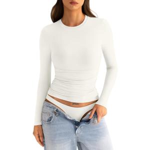 EasyGala Womens Double Lined Long Sleeve Shirts Crewneck Ruched Top Tight Fitted Basic Tee Fall Going Out Outfits 2026 (White, L)