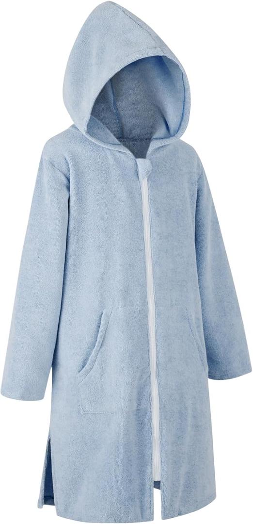 MissShorthair Hooded Towel Robe for Kid, Zipper Beach Cover Up, Swim Changing Robe for Boy, Girls Bath Towelling Poncho, Medium