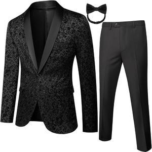 Mens Tuxedo Black Floral 2 Piece for Prom Wedding Party Suit Jacket Pants Slim Fit Shawl Lapel. Size M