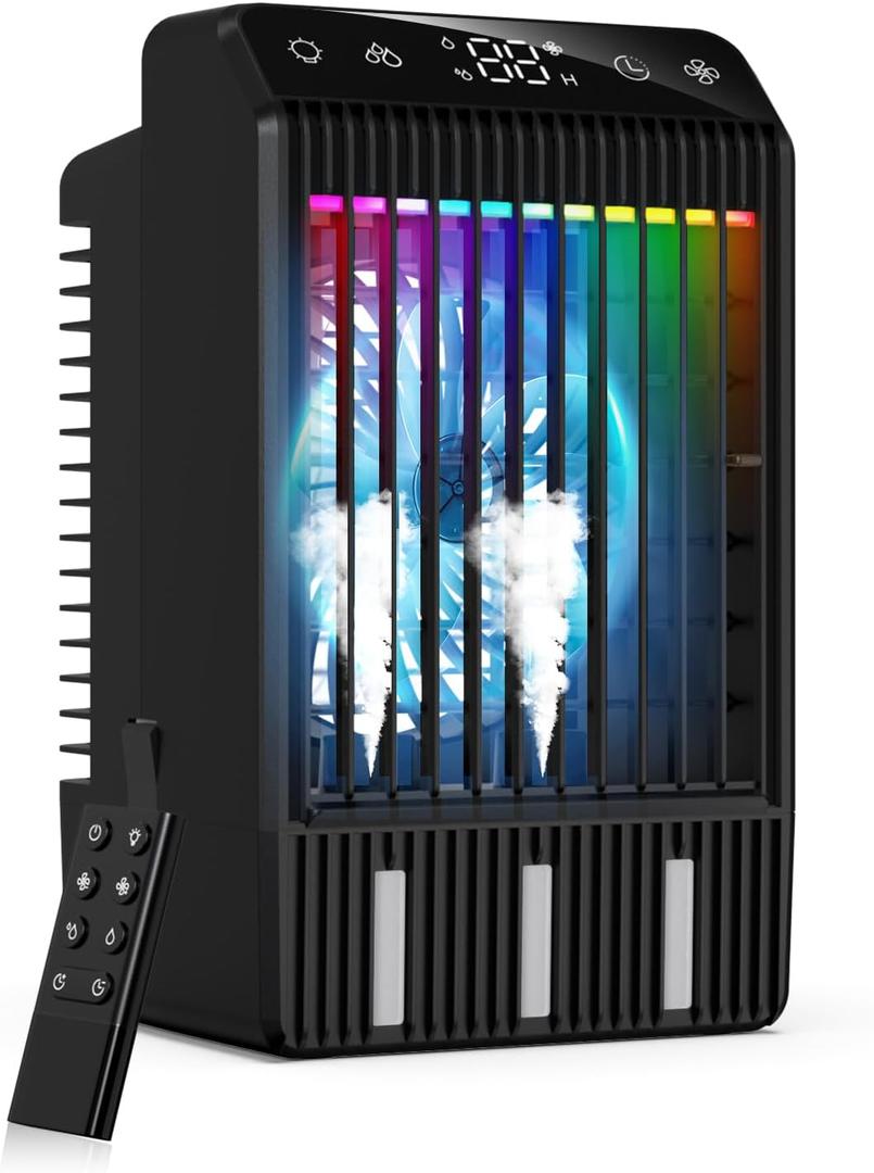 Portable Air Conditioners with Display, 1000ml Mini Air Conditioner 4-in-1 Air Cooler Remote Humidifier Mini AC with Dual Spray & 7 Colors Light, 4 Speeds Timing Personal Air Conditioner Cooling Fan
