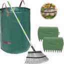 JOYHALO 65 Inch Rake for Leaves, 25 Tines Metal Leaf Rake Set with 32 Gallon Leaf Bags Scoops, Garden Rakes 18in Wide, Rakes for Gardening Lawns Yard Outdoor Camping Shrub Grass Bush