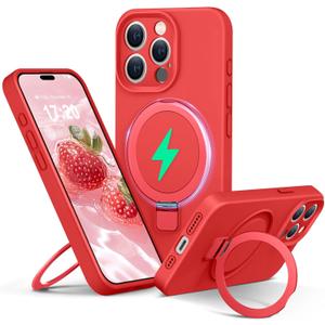 Liquid Silicone Case for iPhone 15 pro with Magnetic Ring Stand, Upgraded Camera Lens Protection, Mil-Grade Drop Shockproof, Anti-Scratch Microfiber Lining Silicone Case, Red 